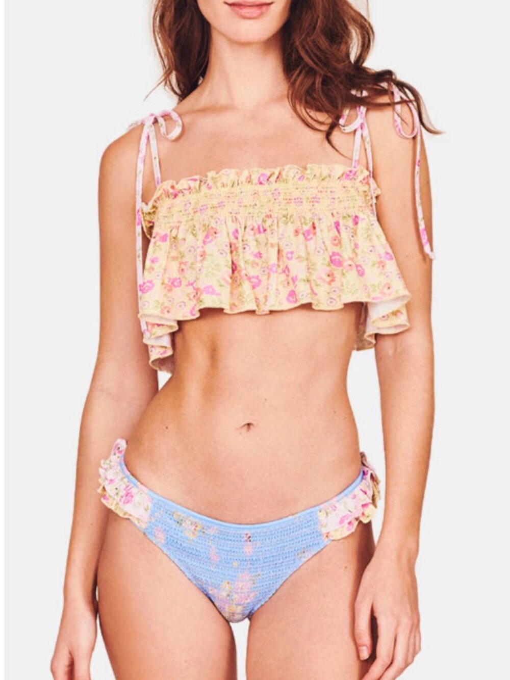 Womens LoveShackFancy Dorthea Yellow Periwinkle Floral (Item- 27) Swim Bikini XS